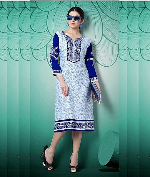 Blue rayon straight kurta with embroidery