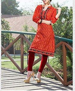 Orange fine cotton kurta with embroidery