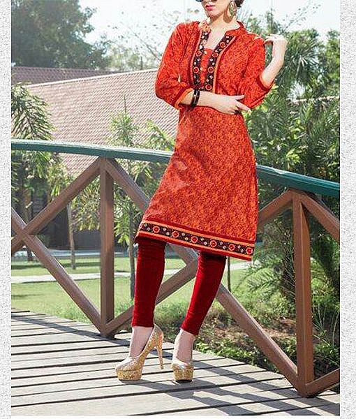 Orange fine cotton kurta with embroidery