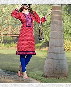 Red fine cotton kurta with embroidery