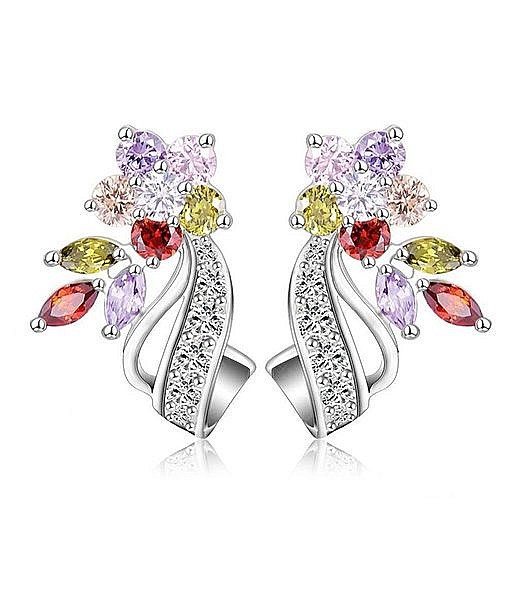 Silver flower stud earring with multicolour stones