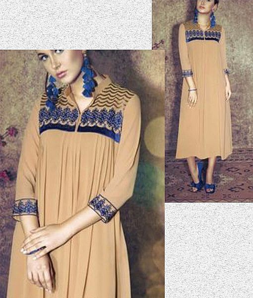 Brown designer kurti with blue embroidery