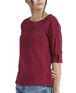 Maroon front open full sleeves crepe top