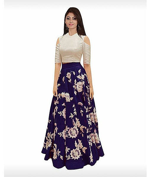 Women navy blue semi stitched silk lehanga choli