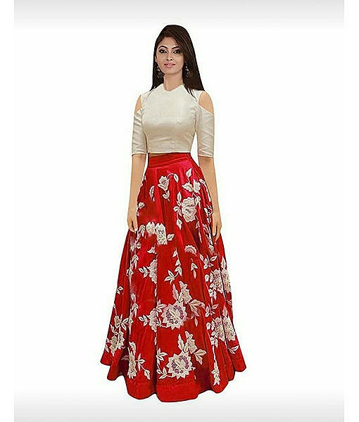 Women red semi stitched silk lehanga choli