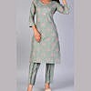 Grey green cotton printed festive kurta pant set