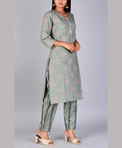 Grey green cotton printed festive kurta pant set