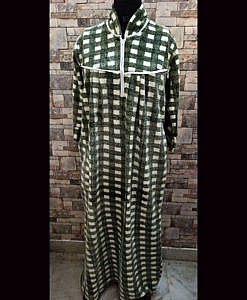 Green grey white winter wear warm blanket fabric night gown with zip in front. 