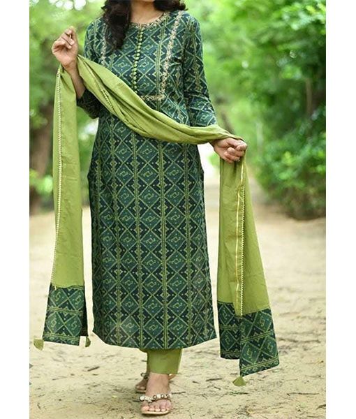 Green cotton printed kurta pant set with dupatta