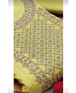 Yellow Chanderi embroidered design unstitched dress material