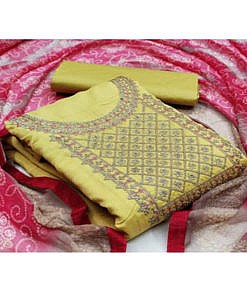 Yellow Chanderi embroidered design unstitched dress material