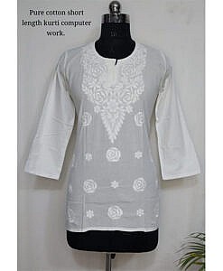 Short white cotton kurta with embroidery