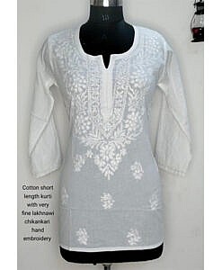 Short white cotton kurta with chikan embroidery