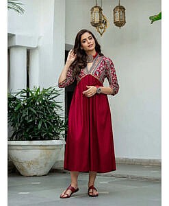 Maroon and Grey printed Aline dress